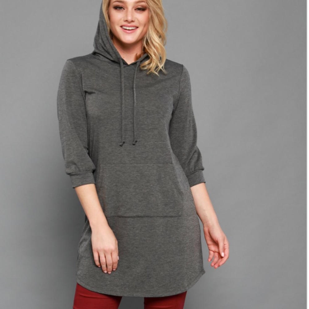 3/4 SLEEVE HOODED TUNIC - GRAY LIGHTWEIGHT